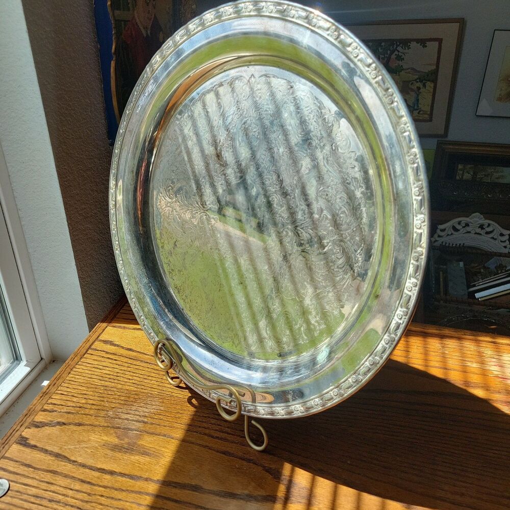 Vtg ONEIDA Large Round Silver Plate Serving Tray Platter Flower 17” READ Classic